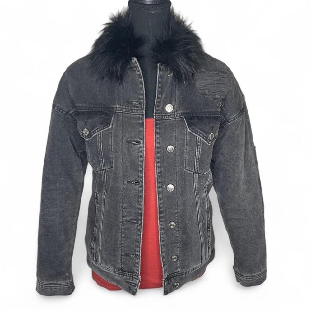 American Eagle Outfitters Black Denim Jacket with Faux Fur Collar